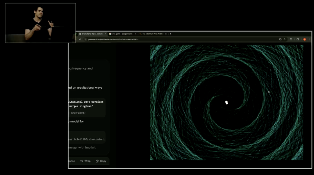 A visualization of a black hole collision generated by Grok 4, demonstrating its physics simulation capabilities.
