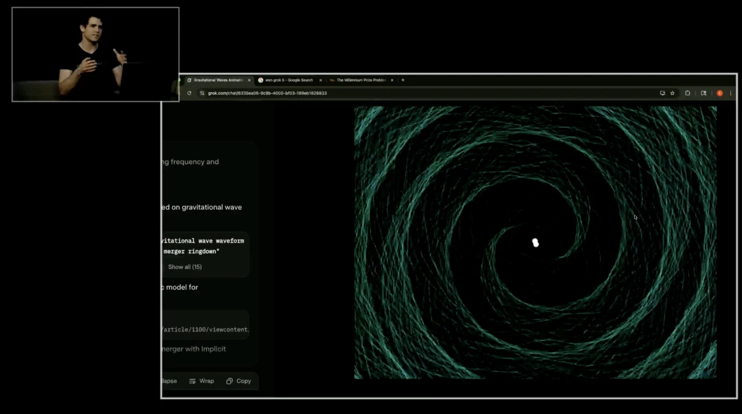 A visualization of a black hole collision generated by Grok 4, demonstrating its physics simulation capabilities.