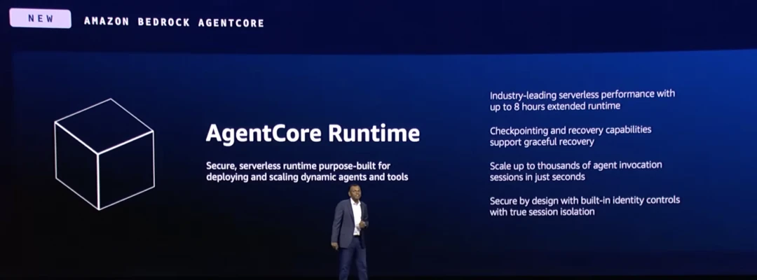 A slide detailing the Agent Runtime, highlighting its serverless, secure, and flexible nature, with support for various frameworks and tools.
