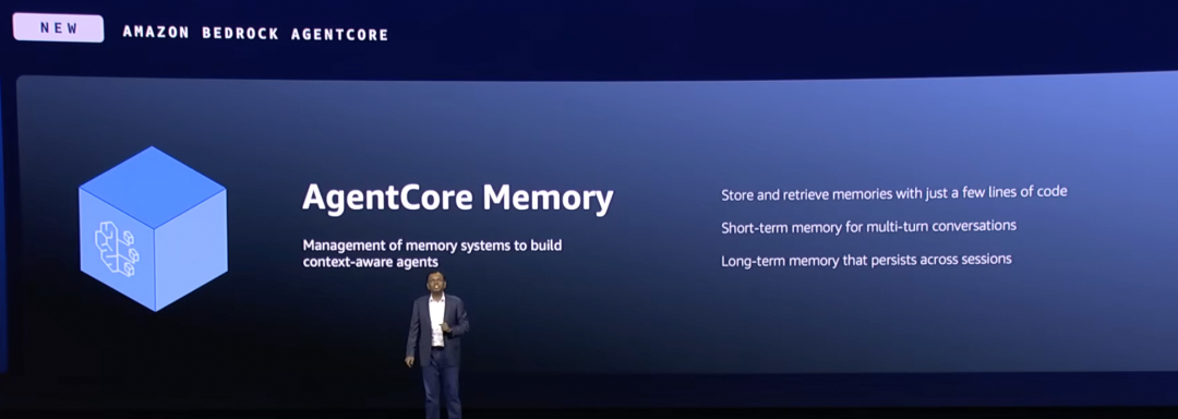A slide explaining the Memory Service, distinguishing between short-term memory for conversational context and long-term memory for persistent knowledge.