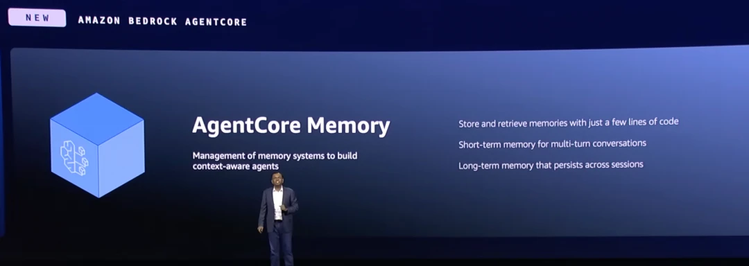 A slide explaining the Memory Service, distinguishing between short-term memory for conversational context and long-term memory for persistent knowledge.