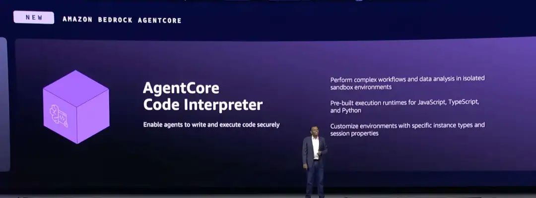 A slide describing the Code Interpreter as a secure, sandboxed environment for running agent-generated code.