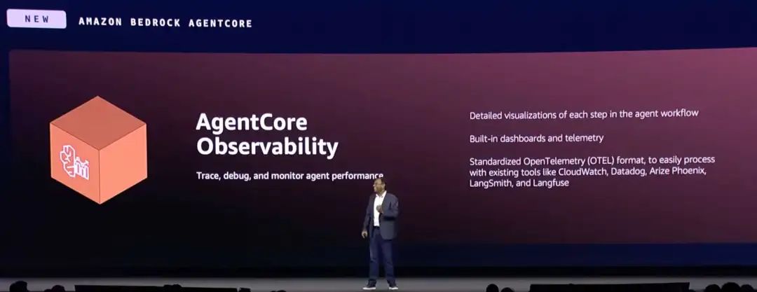 A slide on Observability, showing how developers can trace, debug, and monitor agent performance using integrated tools like CloudWatch.