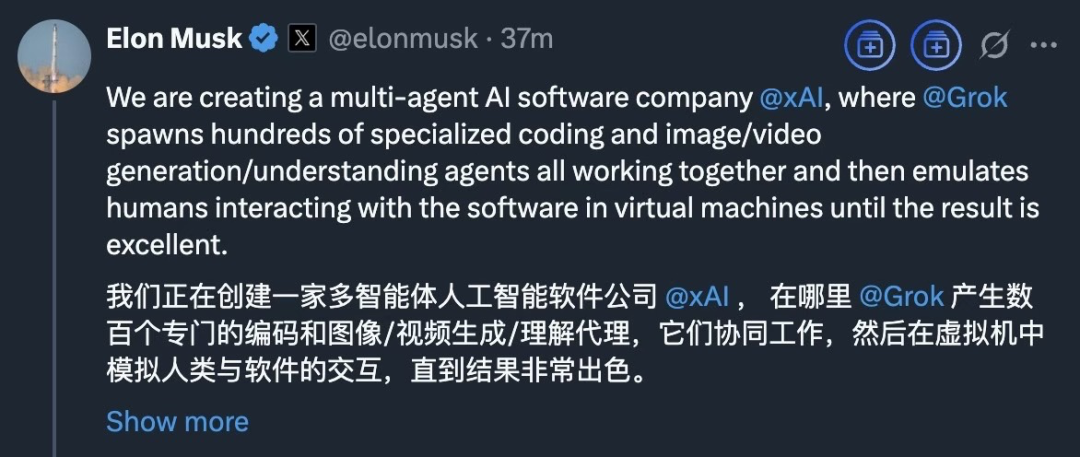 A screenshot of a tweet from Elon Musk about training AI in a simulated environment.