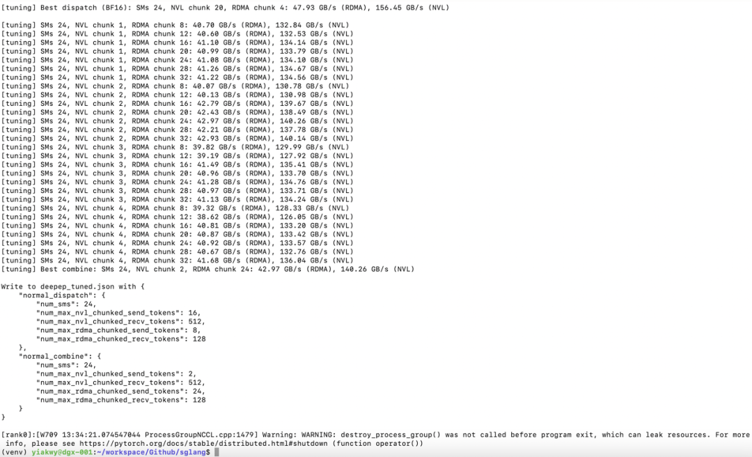 A screenshot showing successful DeepEP tuning results