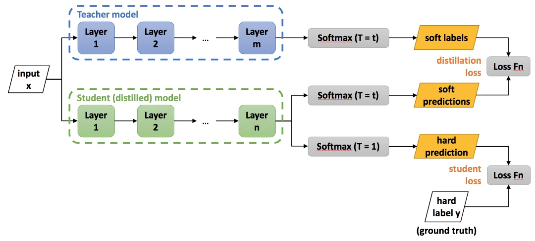 Two-stage knowledge distillation workflow showing teacher model training followed by student model knowledge transfer