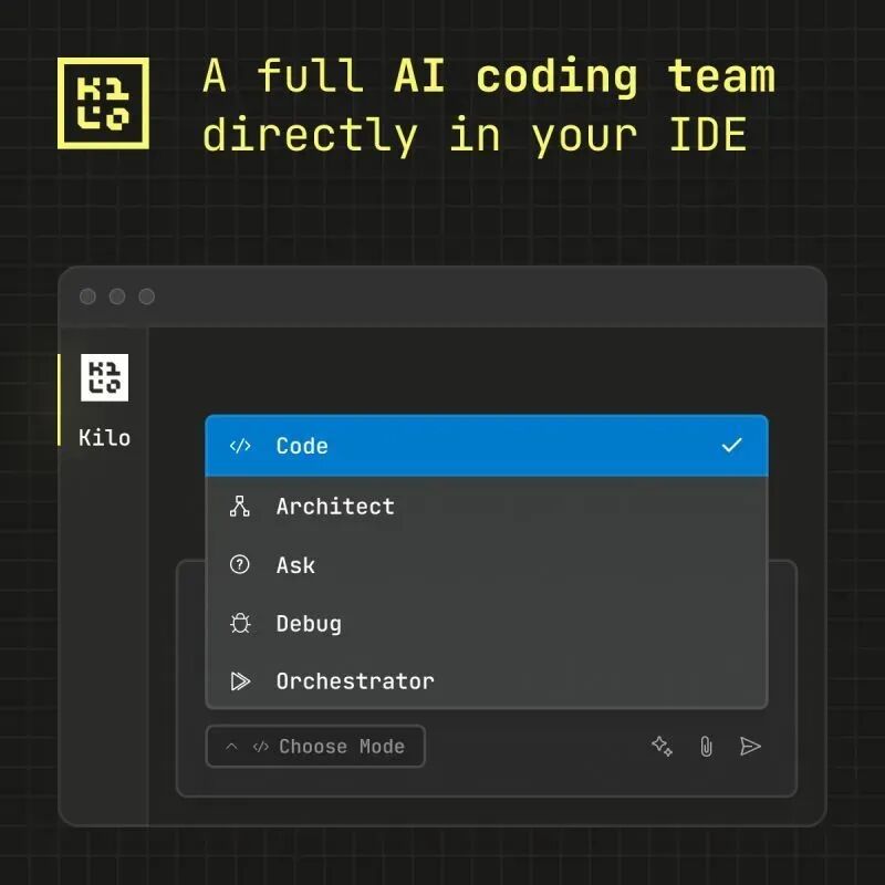 Kilo Code Orchestrator mode with specialized AI agents for coding tasks