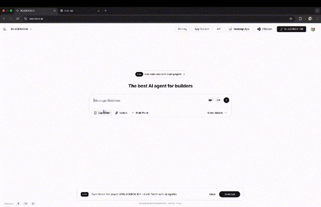 BLACKBOX.AI Robocoder generating application from natural language description
