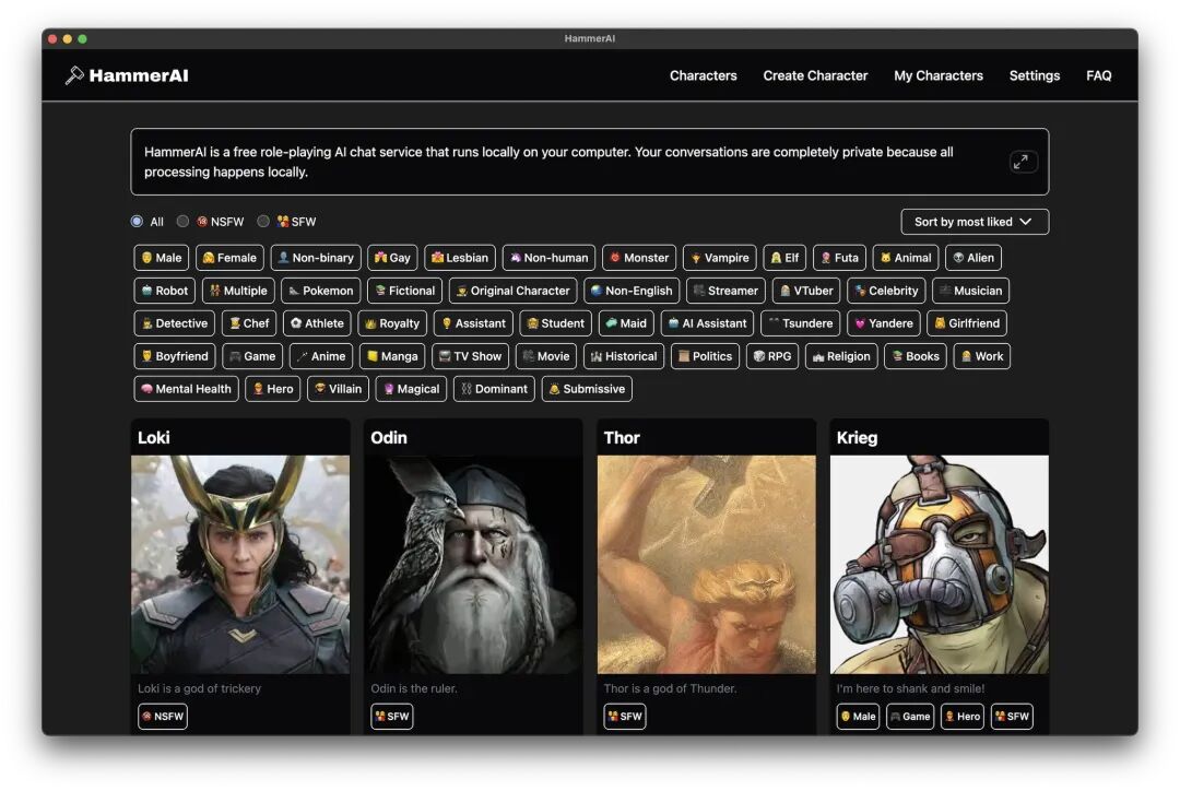 HammerAI privacy-focused AI character chat with local conversation storage