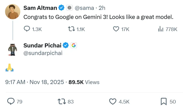 Public exchange between Sam Altman and Sundar Pichai about Gemini release