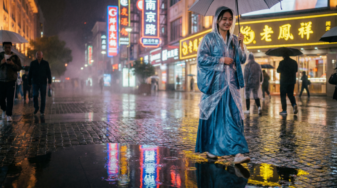 AI-generated rainy night scene showing woman in transparent raincoat with neon reflections demonstrating Nano Banana Pro's lighting capabilities