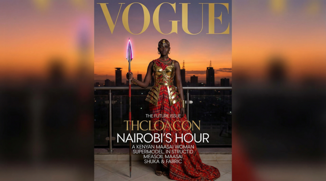 Fashion photography generated by Nano Banana Pro showing Kenyan supermodel in futuristic Maasai-inspired gown at sunset