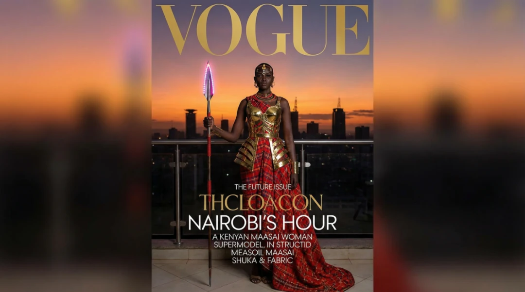 Fashion photography generated by Nano Banana Pro showing Kenyan supermodel in futuristic Maasai-inspired gown at sunset