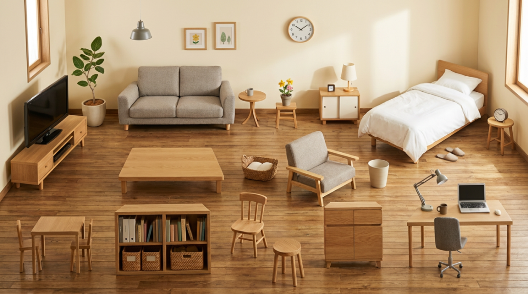 Professional e-commerce product photography generated by Nano Banana Pro showing furniture in styled interior setting