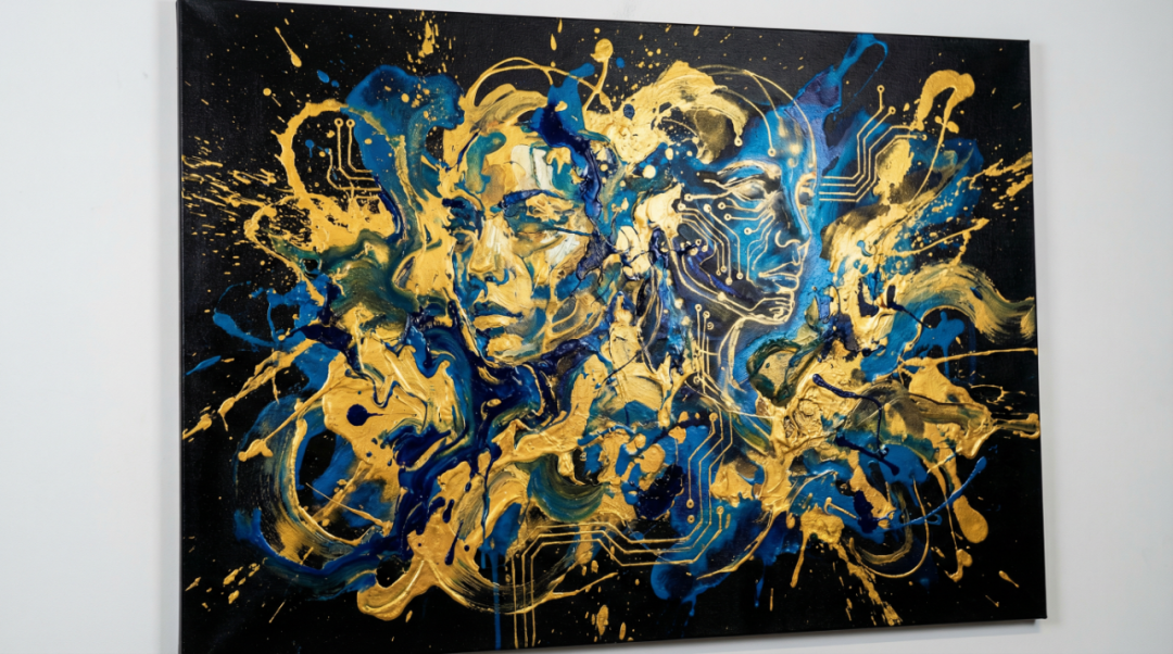 Abstract expressionism artwork generated by Nano Banana Pro blending Pollock style with futurism showing AI-human symbiosis theme