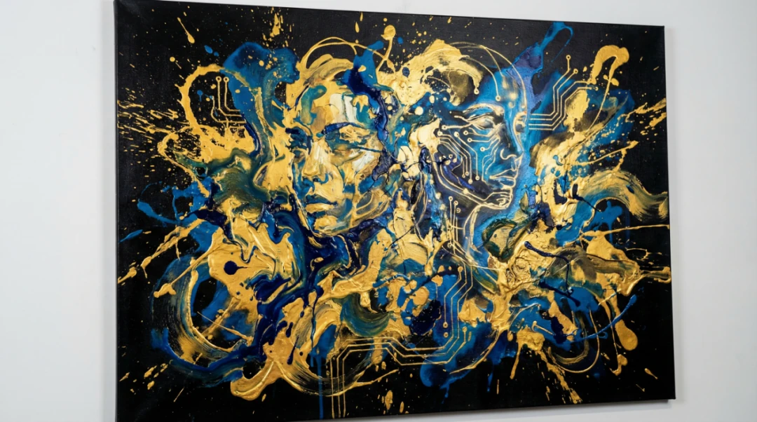 Abstract expressionism artwork generated by Nano Banana Pro blending Pollock style with futurism showing AI-human symbiosis theme