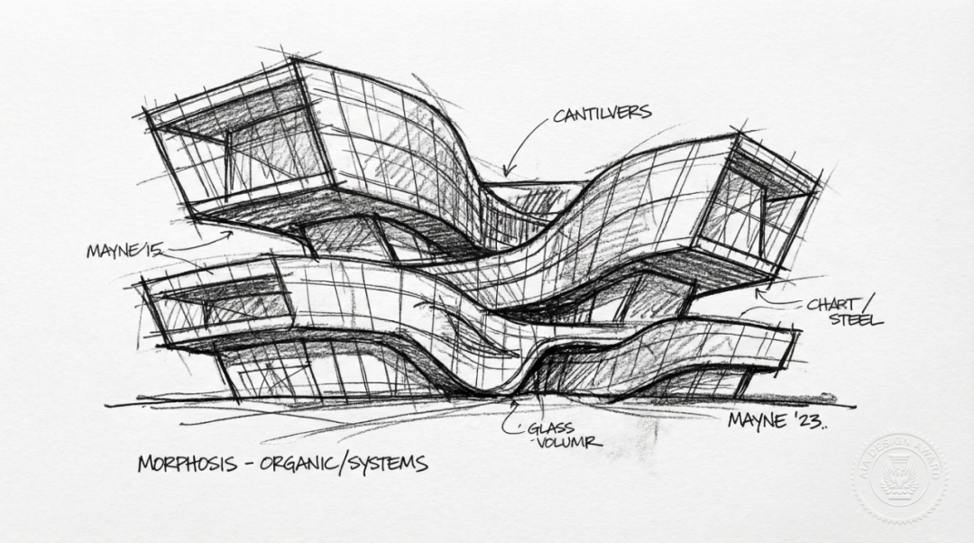 Modern architectural sketch generated by Nano Banana Pro showing organic forms with dynamic design style