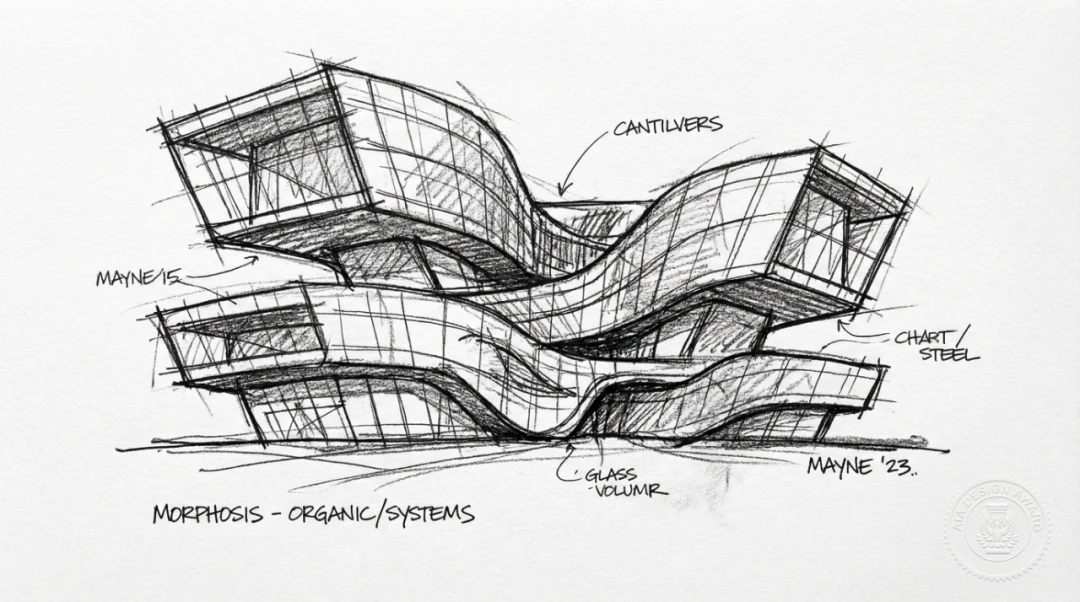 Modern architectural sketch generated by Nano Banana Pro showing organic forms with dynamic design style