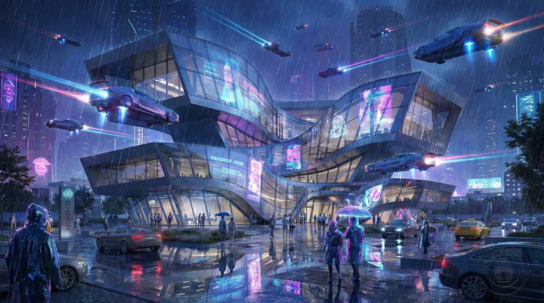 Cyberpunk transformation of architectural scene by Nano Banana Pro showing midnight rain reflections and flying cars