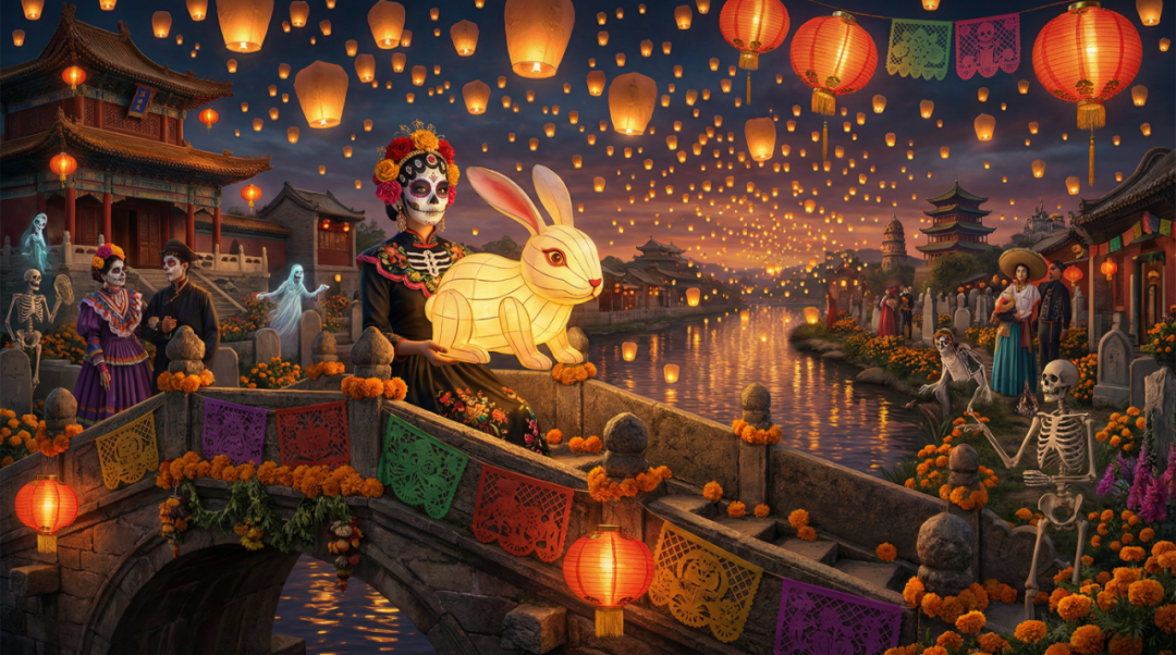Cultural fusion artwork by Nano Banana Pro blending Mexican Day of the Dead with Chinese Lantern Festival in magical realism style