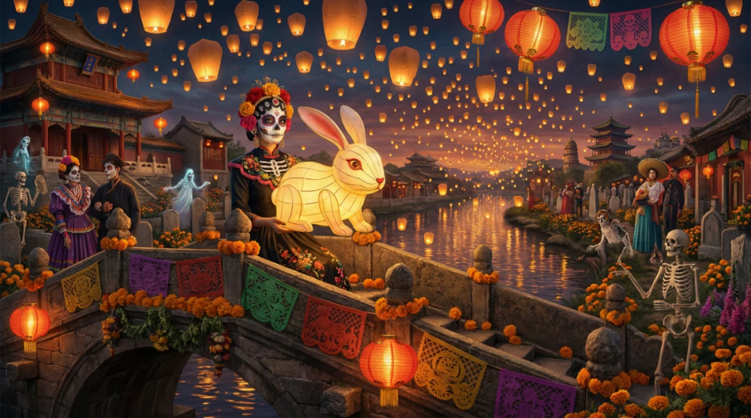 Cultural fusion artwork by Nano Banana Pro blending Mexican Day of the Dead with Chinese Lantern Festival in magical realism style