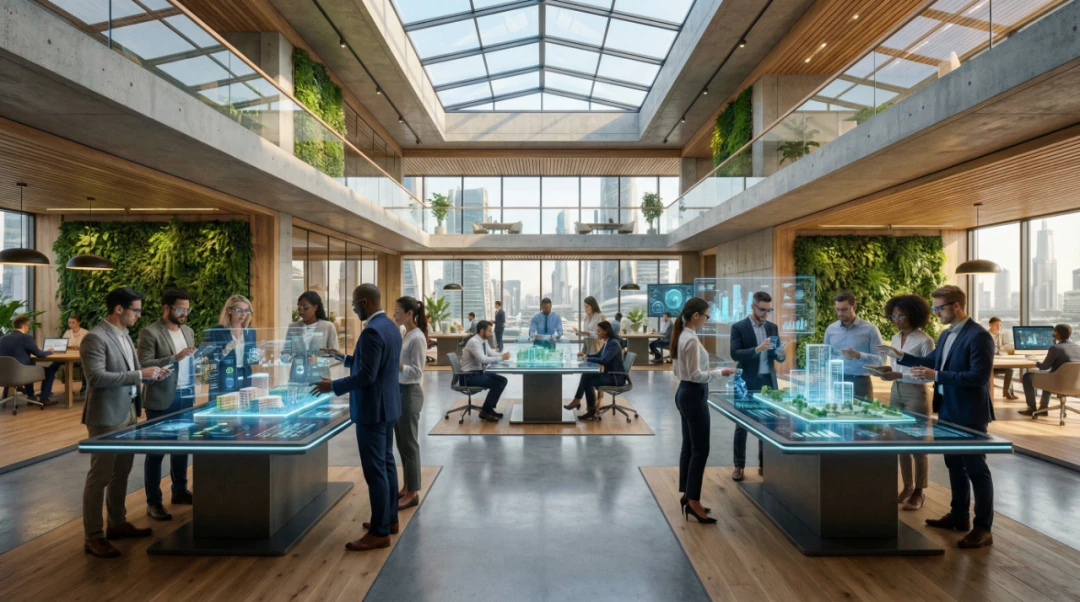 Futuristic co-working space with holographic displays generated by Nano Banana Pro showing complex interior scene with multiple people