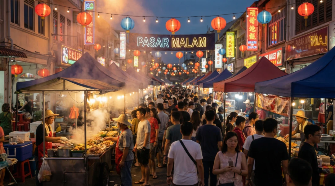 Crowded Southeast Asian night market scene generated by Nano Banana Pro with ultra-detailed lighting and atmospheric steam effects