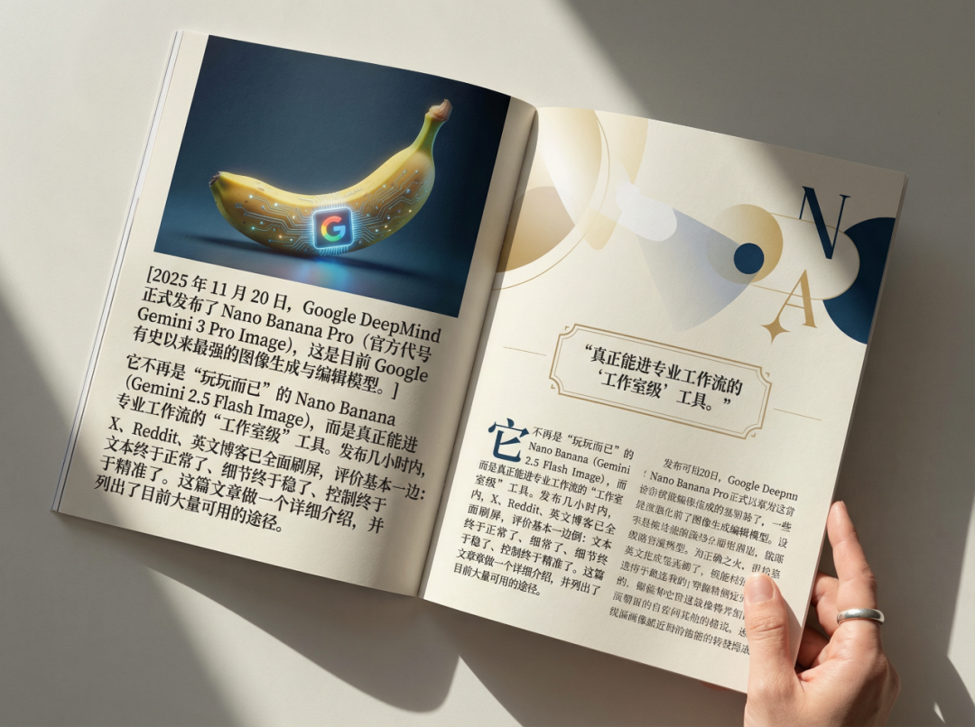 Magazine layout with elegant typography and images generated by Nano Banana Pro demonstrating complex text and image composition