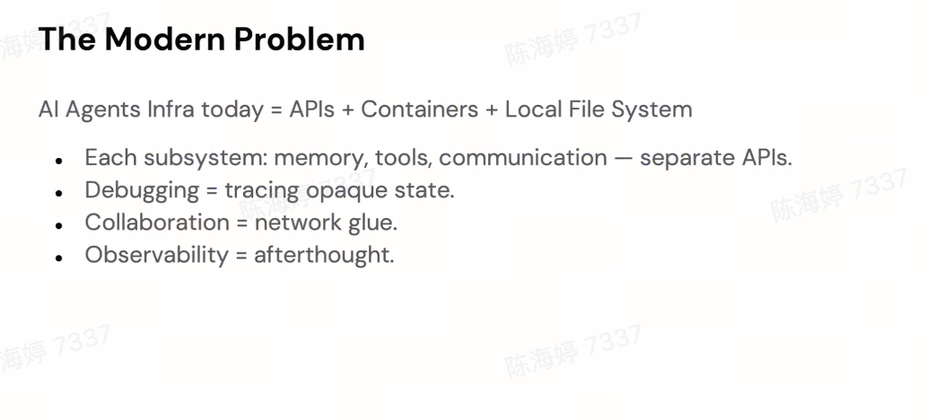 Traditional AI agent stack showing siloed APIs, containers, and local file systems with poor integration