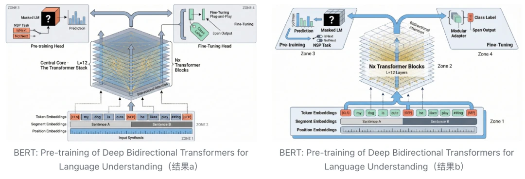Comparison of two AI-generated diagrams from the same prompt showing minor variations in Google Nano Banana Pro output